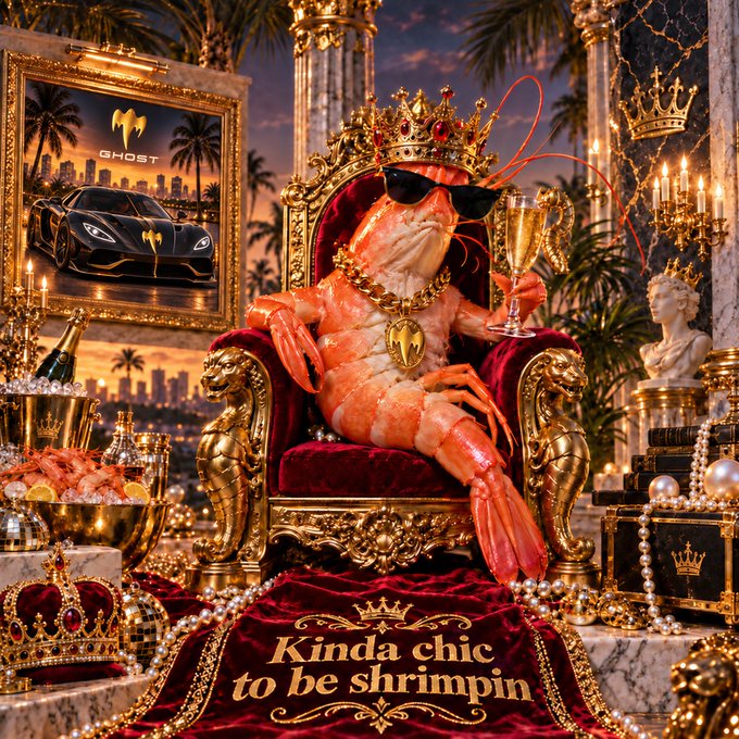 A surreal digital artwork featuring a lobster wearing a crown and sunglasses, sitting on a golden throne holding a champagne glass, with a 'GHOST' car in the background and the text 'Kinda chic to be shrimp' at the bottom.