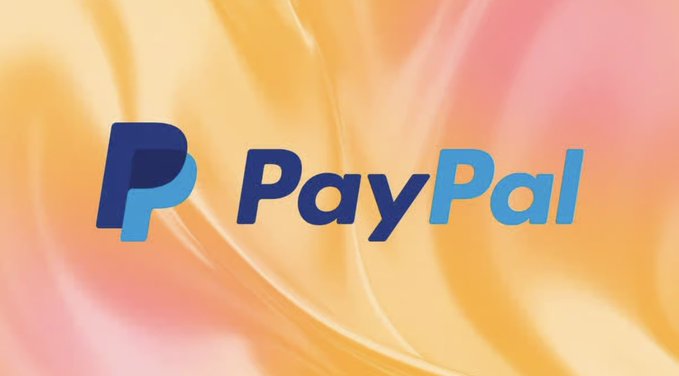 The PayPal logo is displayed against a swirling orange and pink background, representing the company at the center of a reported $53 billion acquisition offer from Stripe and Advent International.