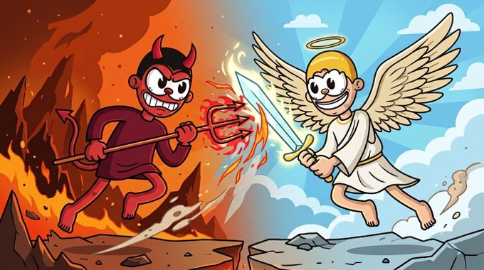 A cartoon devil wielding a fiery pitchfork clashes swords with a smiling angel halo and wings, set against a backdrop split between a hellish fiery landscape and a heavenly blue sky, visually representing the internal moral struggle described in the post's play on the classic "angel and devil on your shoulders" trope.
