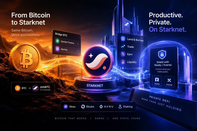 A Starknet promotional graphic titled 'From Bitcoin to Starknet' showing BTC bridging to strkBTC with features like Lend & Borrow, Trade, Earn, and Liquidity.