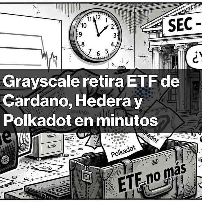 The image is a black-and-white editorial illustration showing a hooded figure pulling coins and documents labeled "Polkadot" from a briefcase marked "ETF no más," set against a backdrop featuring the SEC building and a wall clock—visually reinforcing the post's headline about Grayscale withdrawing its Cardano, Hedera, and Polkadot ETF applications within minutes.