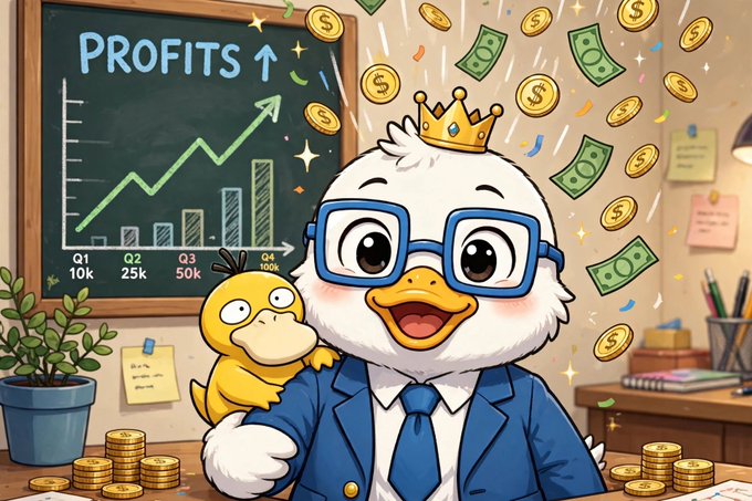 An animated illustration of a duck character in a business suit, glasses, and crown holding a duckling, with a 'PROFITS ↑' chart and falling gold coins in the background.