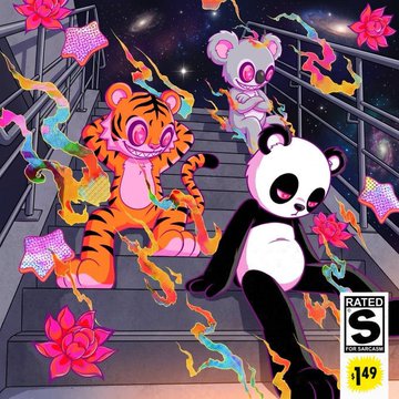 The image features a vibrant, stylized illustration of three anthropomorphic animals—a tiger, mouse, and panda—sitting on cosmic staircase steps surrounded by flames, lotus flowers, and stars. A "Rated S" label with the number "149" appears in the bottom right corner, with the whimsical artwork visually evoking the three NFT projects mentioned in the caption.