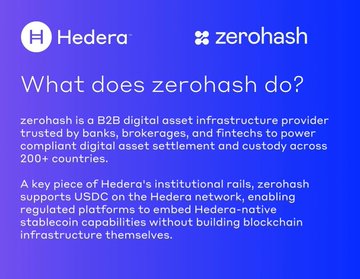 The image shows a blue background with white text that reads "What does Zero Hash do?". Below this, there are two lines of text written in white, one stating "Zero Hash" and another saying "Hedera & Zerohash". The text also mentions that Hedera is providing the institutional bridge for banks, brokerages, and fintechs to power their settlement process.