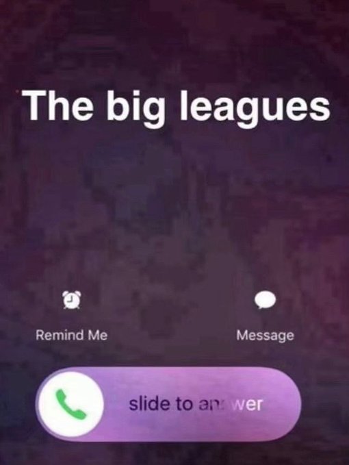 An iPhone incoming call screen displaying "The big leagues" as the caller name, with "slide to answer" and options to remind or message. The image humorously relates to the post by suggesting the trademaker feels like they've finally reached "the big leagues" after making just $7 on a trade.