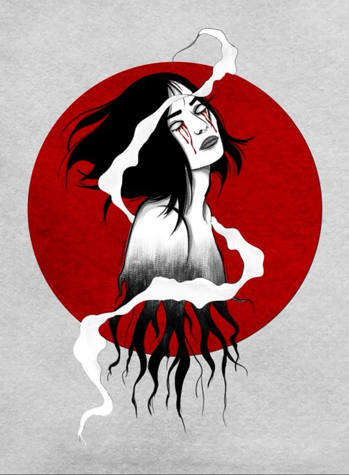 The image features a black and white illustration of a woman with long hair, who appears to be crying or weeping. The woman's face is drawn in red, which contrasts with her dark hair. She has a tear streaming down her face as she looks off into space. The background of the image is red, creating a striking visual effect that emphasizes the woman and her emotions. The post also includes text that reads "Good morning & Happy #tezostuesday # ashes of her 9/10 editions at 5".