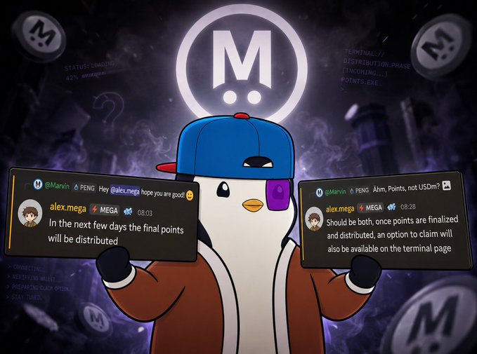 The image features a cartoon penguin wearing a hat and holding two pieces of paper. The text on the papers reads "M Mega Points" and "In the next few days, the final points will be distributed". The penguin appears to be in a social media-like setting with various other penguins around it.