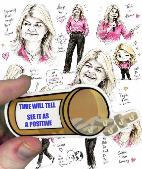 A hand holds a die-cut sticker reading 'TIME WILL TELL SEE IT AS A POSITIVE' in front of a sketched portrait illustration of a blonde woman with phrases like 'Empowering People through Tech & Purpose' and 'Tech is Human'.
