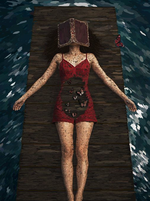An illustrated figure of a woman in a red dress with butterflies and a book over her face lies on a wooden raft on the water.