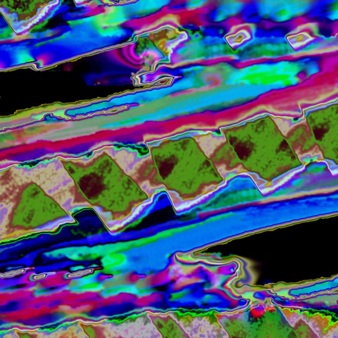 An abstract, highly distorted digital image featuring wavy, fluid-like patterns and skewed green rectangular shapes in vibrant pink, blue, and green colors.