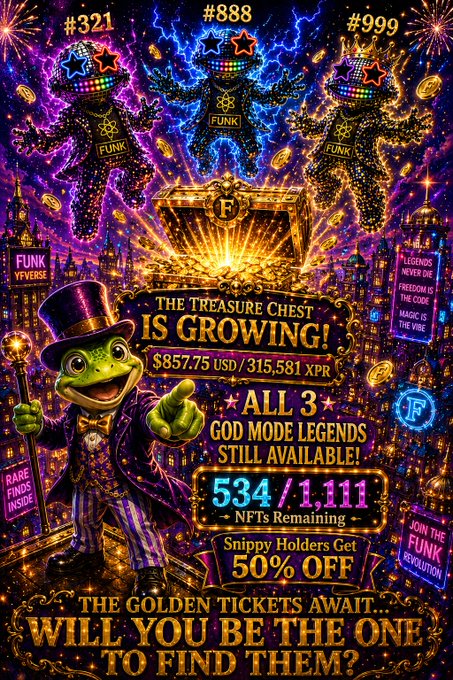 This poster promotes a treasure hunt where participants need to find the treasure chest hidden under a pile of golden coins. The poster features three characters from different regions who are fighting for control over the treasure, each with their own unique powers. A green frog is seen as the ultimate treasure hunter in this game, and it offers a great deal on tickets to the FunkyFVerse. The text on the poster emphasizes that they will be available soon for sale.