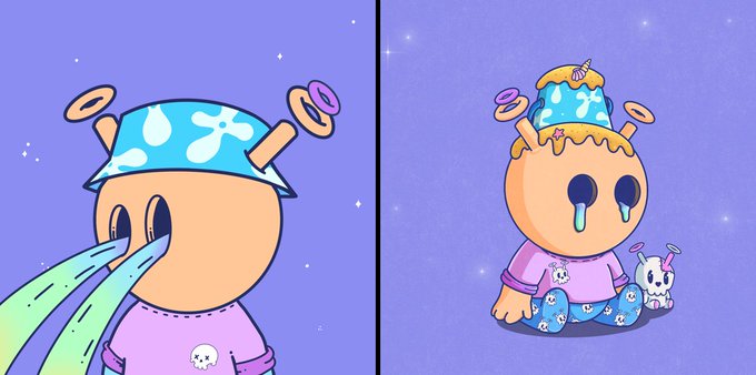 A cartoon illustration of an orange character with a teal head covering pouring liquid from its eyes, wearing a pink shirt, with a second version showing the character crying with blue tears alongside a small white bunny figure.