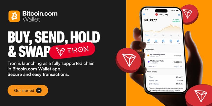 Bitcoin.com Wallet advertisement promoting 'BUY, SEND, HOLD & SWAP TRON' (TRX), featuring a hand holding a smartphone showing a wallet interface with a price of $0.3377 and a 'Get started' button.