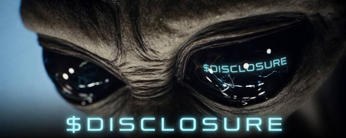 The image features a close-up of an alien's face with large, reflective eyes that are blue neon green. The text "DISCLOSURE IS NEAR" is displayed above the alien's eyes, indicating that there might be some sort of secret or classified information being shared about them.

In addition to the alien and its reflection in the eyes, there is also a dollar sign symbol placed below the alien's eyes, suggesting that there could be financial implications associated with this discovery. The image appears to be related to a post on social media where someone has shared their findings or suspicions about the alien.