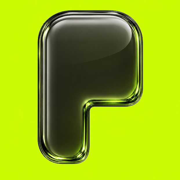 A glossy 3D-rendered letter 'P' in black with green reflections set against a bright neon green background.