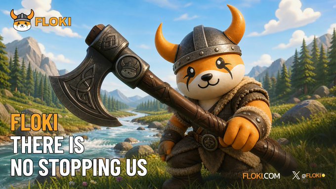 The image features a cartoon bear wearing a Viking outfit, holding an axe with a shield on top of it. The caption below the image reads "SHOW OFF YOUR VIKING SPIRIT JOIN THE FLOKI VIKINGS ON THIS NEVER ENDING JOURNEY".