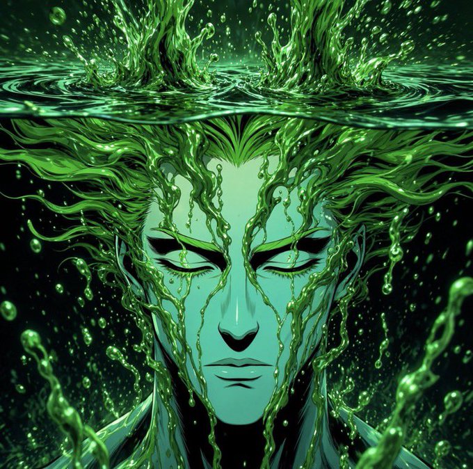 A stylized digital artwork depicts a serene, ethereal face with closed eyes partially submerged in water, with green liquid splashing and streaming down like flowing hair.
