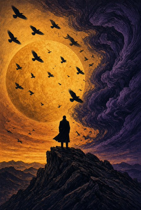 A solitary figure stands silhouetted atop a rocky peak, gazing up at a massive golden moon surrounded by flying birds, with swirling purple clouds dominating the right side of the sky.