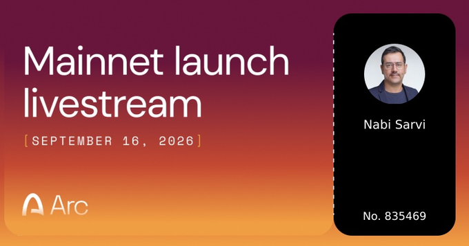 Promotional banner for the Arc 'Mainnet launch livestream' on September 16, 2026, featuring a profile photo of Nabi Sarvi.
