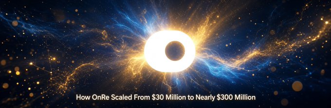 A cosmic banner with a glowing golden ring and blue energy effects, with the text 'How OnRe Scaled From $30 Million to Nearly $300 Million'.