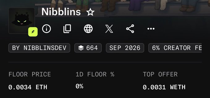 An OpenSea profile page for the 'Nibblins' NFT collection by NIBBLINSDEV (item 664), scheduled for September 2026 with a 6% creator fee, showing a floor price of 0.0034 ETH and top offer of 0.0031 WETH.