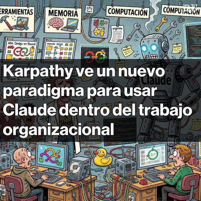 The image features a cartoon scene of two people working at their computers, with one person using a computer mouse while the other uses a keyboard. The background shows various computer monitors displaying different types of information or images related to the theme of the post. The caption reads "Karpathy ve un nuevo era en la interacción con IA Andrej Karpathy destaca un cambio significativo en el uso de Claude en organizaciones". This suggests that the image is a humorous commentary on the concept of interconnectedness and how it can be applied to computer systems. The post also mentions the importance of the internet in today's world, which further emphasizes the theme of interconnectedness portrayed through the cartoon scene.
