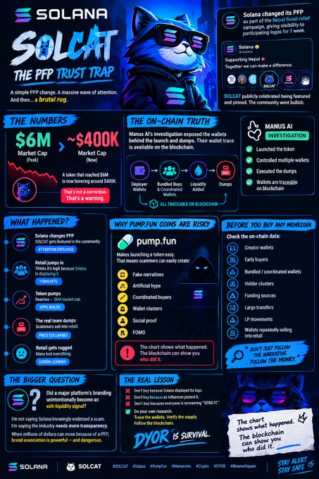 An infographic titled 'SOLCAT: THE PFP TRUST TRAP' detailing the Solana memecoin situation, showing a peak market cap of $6M dropping to $400K, with sections on 'The Numbers', 'The On-Chain Truth', 'What Happened?', 'Why Pump.fun Coins Are Risky', and 'The Real Lesson' including 'DYOR IS SURVIVAL'.