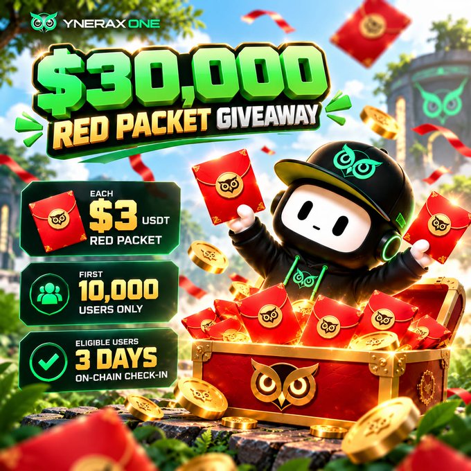 A promotional graphic for a YneraX One $30,000 Red Packet Giveaway in $USDT, limited to the first 10,000 eligible users who completed a 3-day on-chain check-in, featuring a cartoon owl mascot emerging from a treasure chest of red envelopes and gold coins.