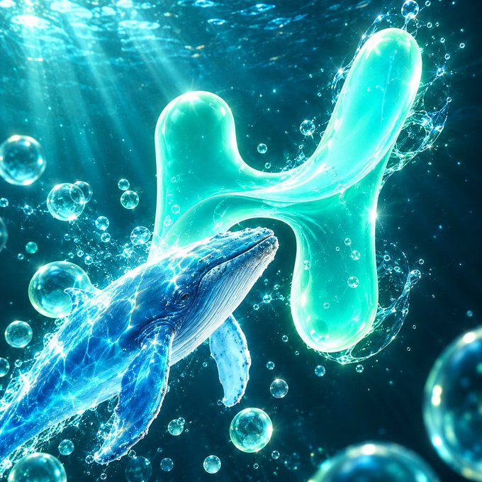 A digital artwork depicting a blue whale swimming underwater alongside a translucent, glowing cyan letter 'H' surrounded by bubbles.