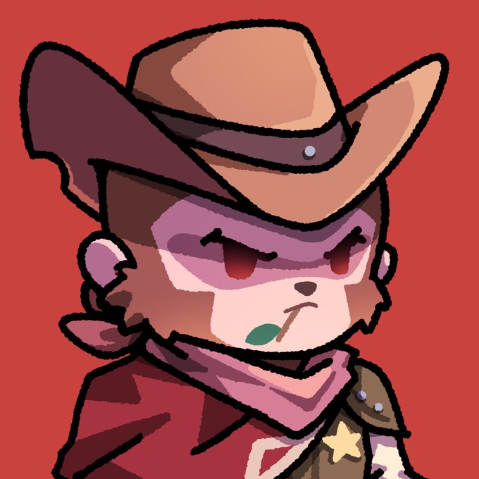 A cartoon-style illustration of an anthropomorphic animal character wearing a brown cowboy hat, a bandana, and a sheriff's badge, holding a green leaf in its mouth.