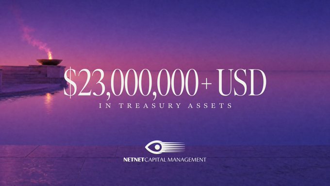 A promotional graphic for 'NETNET CAPITAL MANAGEMENT' featuring a purple sunset scene with a flaming brazier by the water, displaying the text '$23,000,000+ USD IN TREASURY ASSETS'.