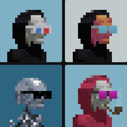 Pixel art showing four cyberpunk-style robot heads with various colored visors arranged in a 2x2 grid.