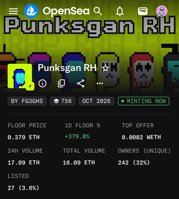 An OpenSea NFT collection page for 'Punksgan RH' by FG3GHS with 756 items, showing a floor price of 0.379 ETH (+379.8%), 24H volume of 17.09 ETH, 242 unique owners (32%), currently minting now.