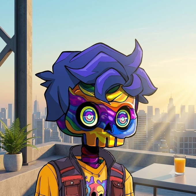 A colorful digital illustration of a character with a rainbow-patterned, mask-like face and purple hair, wearing a yellow jacket with a skull design, standing on a rooftop overlooking a city skyline with a glass of orange juice on a table.