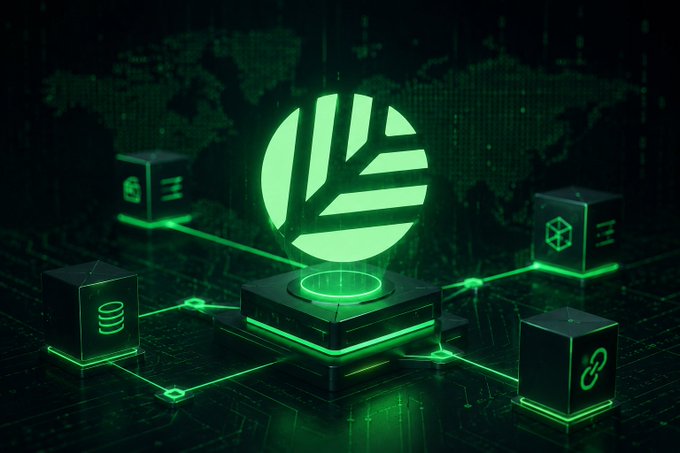 A dark, futuristic digital scene featuring a glowing green sphere with leaf-like patterns, surrounded by connected nodes on a circuit-like grid with a world map backdrop.