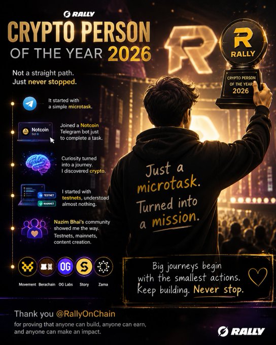 The image features an advertisement poster promoting cryptocurrency. The poster includes a man holding up a trophy with the words "Crypto Person of the Year" written above him. The text also mentions that the person has just completed a microtask, which led them to join a Notcoin bot and learn about crypto. The poster encourages people to try out crypto and highlights the importance of learning and adapting in this rapidly changing landscape.