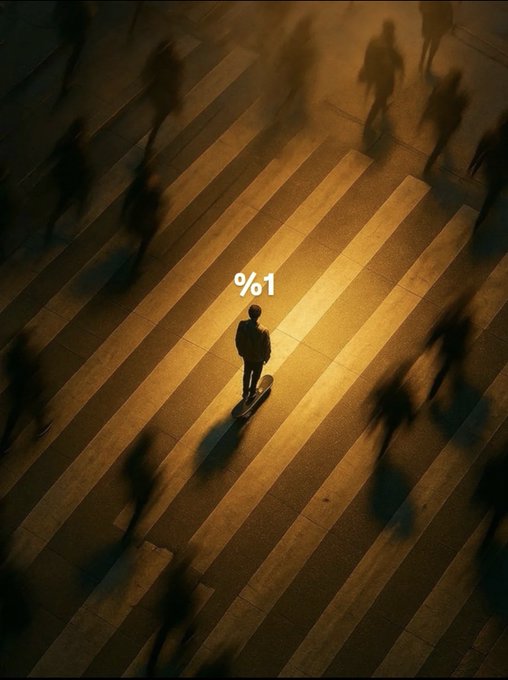 A solitary figure stands illuminated on a crosswalk amid blurred, rushing shadows, with "%1" glowing above their head. The image visually echoes the post's message—representing the small minority (the 1%) who focus on their own path while others hurry past, trusting that their quiet efforts will eventually speak for themselves.