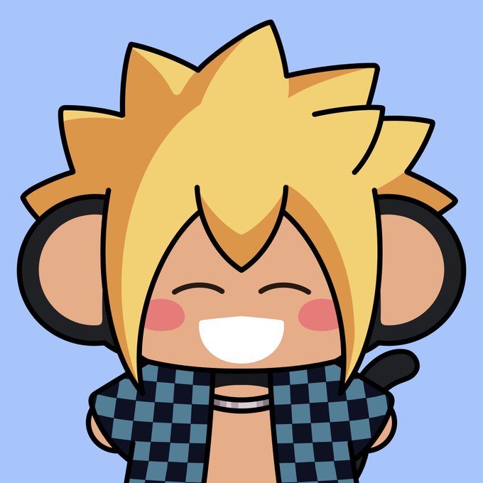 A chibi-style cartoon character with spiky blonde hair, monkey ears, and a checkered scarf, smiling cheerfully against a blue background.