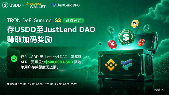 This promotional image announces the "TRON DeFi Summer S3" campaign, featuring a partnership between USDD, Binance Wallet, and JustLend DAO. It invites users to deposit USDD into JustLend DAO to earn base APR plus a share of a $600,000 USDD prize pool, running from October 4, 2026 to December 3, 2026 (SGT). The image visually reinforces the DeFi rewards concept with a glowing treasure chest overflowing with coins, aligning with the post's theme of maximizing value beyond traditional exchange losses.