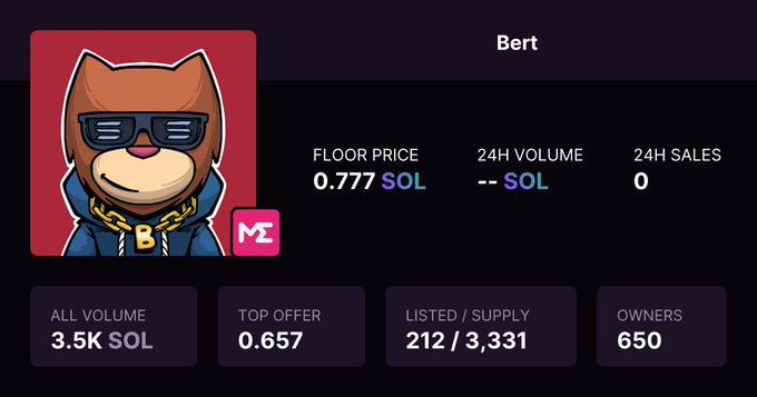 The image features a cartoon character wearing sunglasses and a chain necklace, standing against a black background with white text. The main focus of the image is a list or table that displays information about an item called a "BERT NFT". This NFT has been staked in a pool for over 30 days, and it currently holds 1,200 NFTs, which are worth 20,000 each. The character seems to be discussing this NFT with someone else who is wearing sunglasses as well.