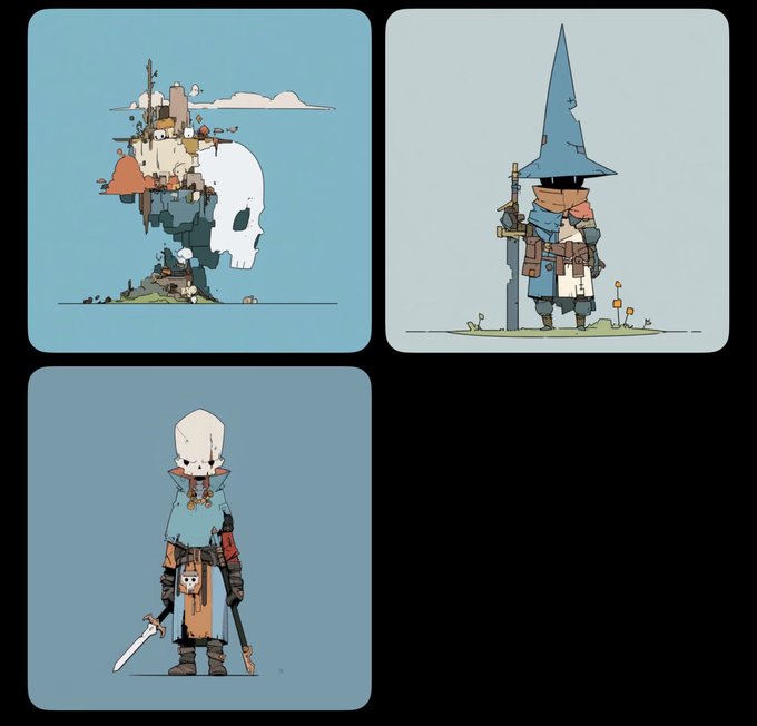 Three illustrations of a small fantasy character wearing a large blue pointed hat and carrying a sword, with one panel showing the character's head incorporated into a surreal floating island scene.