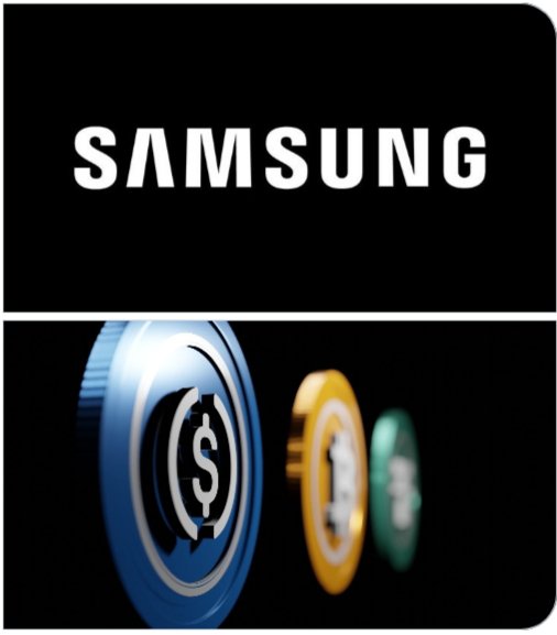 The 'SAMSUNG' logo displayed in white text on a black background, positioned above three colorful coins (blue, gold, and green) representing digital currencies.