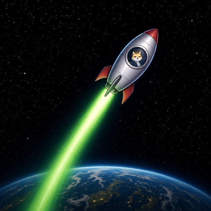 The image features a cat sitting inside a rocket ship that's flying through space, with its tail glowing green as it soars above Earth. The caption "Future looks green here" suggests that the rocket ship might be powered by futuristic technology or has a unique design. This could imply that the rocket ship is not only functional but also visually appealing and possibly even magical in appearance.
