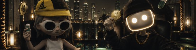 Two cartoon figures wear oversized sunglasses and a glowing VR headset while holding Bitcoin tokens and pills against a nighttime city skyline, evoking the "crypto fever" vibe of dropping $3,000 on a .fun domain and riding the $PUMP hype.