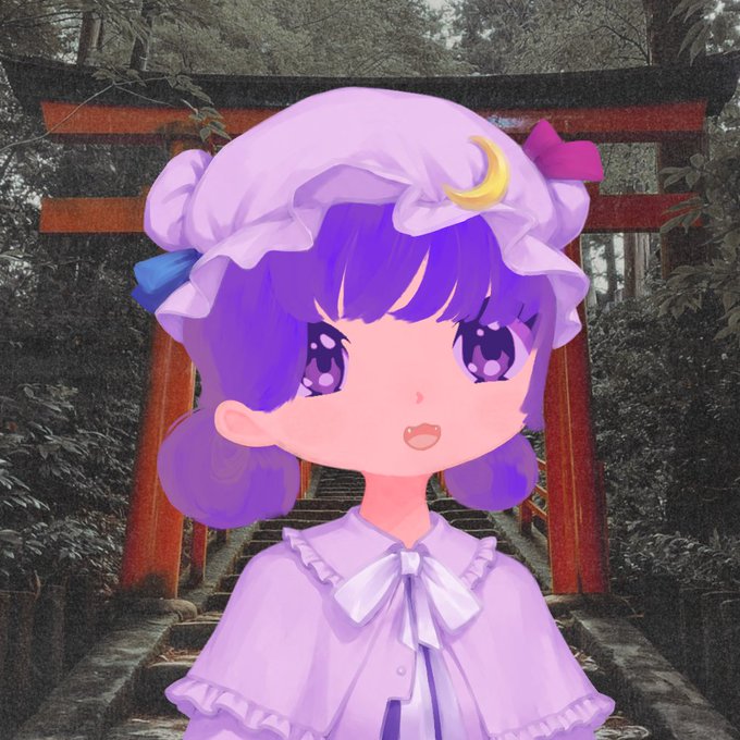 An anime-style illustration of a purple-haired character wearing a frilly lavender bonnet and matching dress with a bow, set against a background of a Japanese torii gate in a forest.