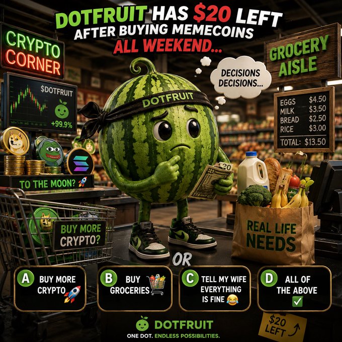 DotFruit has just $20 left after buying memecoins all weekend, forcing him to choose between A) buying more crypto, B) buying groceries, C) telling his wife everything is fine, or D) all of the above. The grocery bill totals $13.50, while signs around the supermarket read “Crypto Corner,” “To the Moon?,” and “Real Life Needs.”