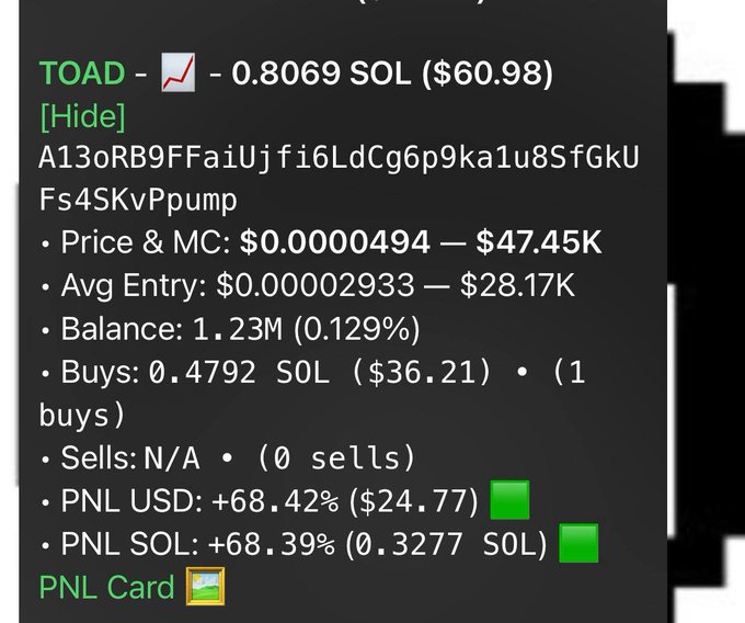 A Discord message shows a token tracker card for the ticker "TOAD" (📈), displaying wallet details including a balance of 1.23M tokens, an average entry of $28.17K, and profits of +68.42% ($24.77) in USD and +68.39% (0.3277 SOL) in SOL, supporting the post's claim of being "on it since 28k on $Toad."