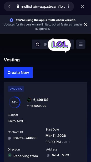 A screenshot of the multichain-app.streamf... website showing a Vesting page with an ongoing 44% token release of 6,499 US out of 14,623 US, starting Mar 11, 2026.
