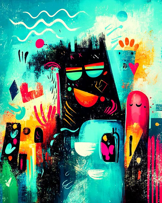The image features a colorful abstract painting with various shapes, including circles, lines, and other geometric patterns. The painting includes elements of both black and blue colors, creating an interesting contrast between the different shades. In the center of the artwork, there is a large black figure wearing sunglasses and holding a cup filled with fruit. Surrounding this central figure are smaller figures in various poses, adding to the overall composition. The post that accompanies the image reads: "Hey good morning fam! Here is my iced coffee !"
