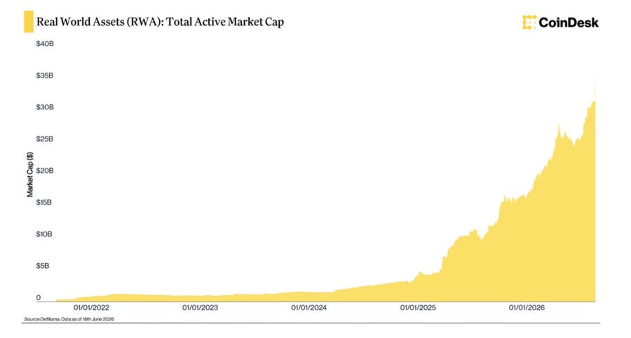 The chart from CoinDesk displays the Real World Assets (RWA) Total Active Market Cap from 01/01/2022 through mid-June 2026, showing growth from near zero to over $30B, with an exponential rise beginning in 2025. It visually supports the post's claim that the RWA market has expanded roughly 6× from 2024 levels, with tokenized equities now leading inflows at $480.6M over 30 days.